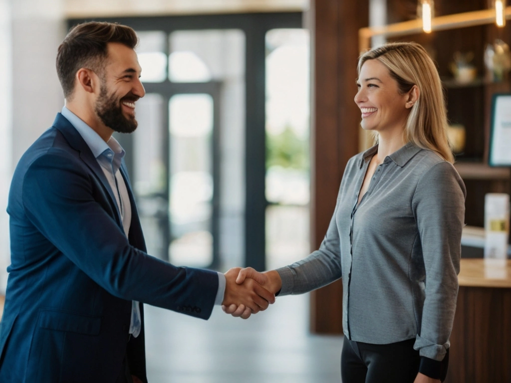 Handshake between a business owner and a customer, representing building trust and credibility.