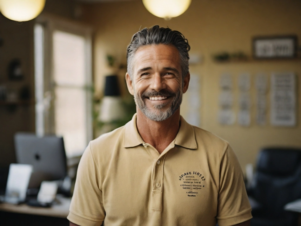 A confident chiropractor with a positive demeanor, surrounded by uplifting online reviews and testimonials.