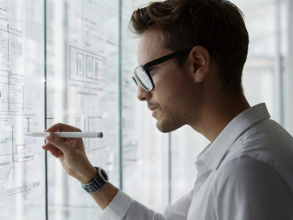 Person drawing a strategic plan on a Glass Board, representing crafting a repair strategy.