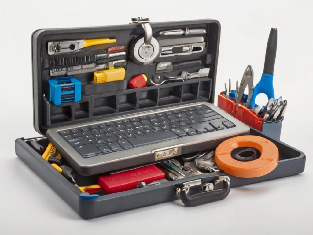 Illustration of a toolbox with various tools labeled "BrandYourself" and "ReputationDefender" symbolizing reputation management tools for online platforms.