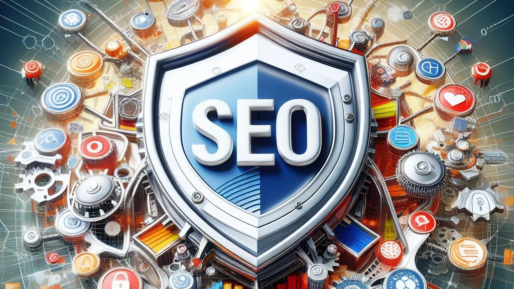 Reputation Management in SEO: Visualization of strategies for success, with a blend of a reputation shield and prominent SEO symbols