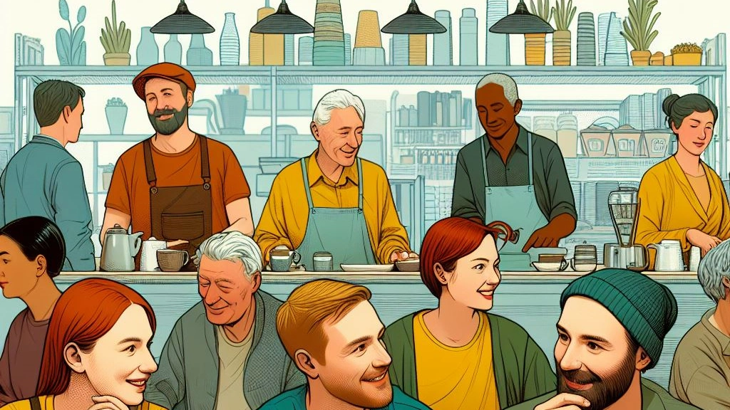 people sitting together in a coffee shop chatting and having a coffee. Behind the people are other customers in line. Brings to life the diverse range of customers and their stories of small business triumph.