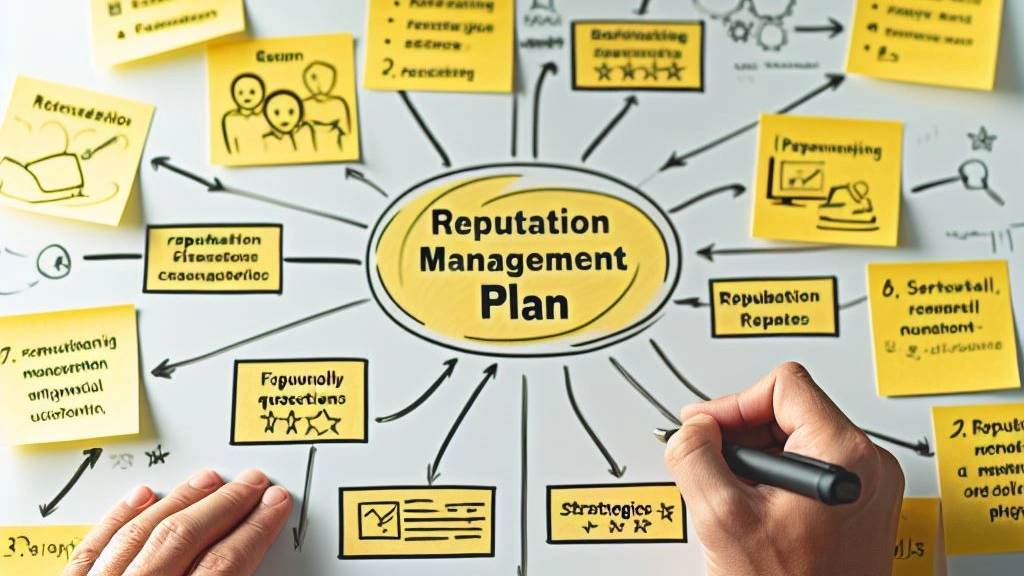 A high-quality SLR image capturing a small business owner carefully crafting a reputation management plan on a whiteboard, surrounded by sticky notes outlining frequently asked questions and strategies, symbolizing the ongoing process of building and maintaining a positive online reputation for small businesses.