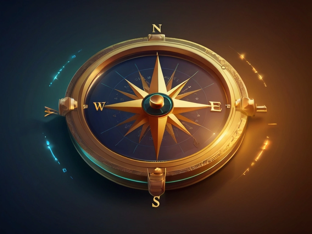 A compass pointing towards a glowing reputation symbol, representing brand reputation management strategy
