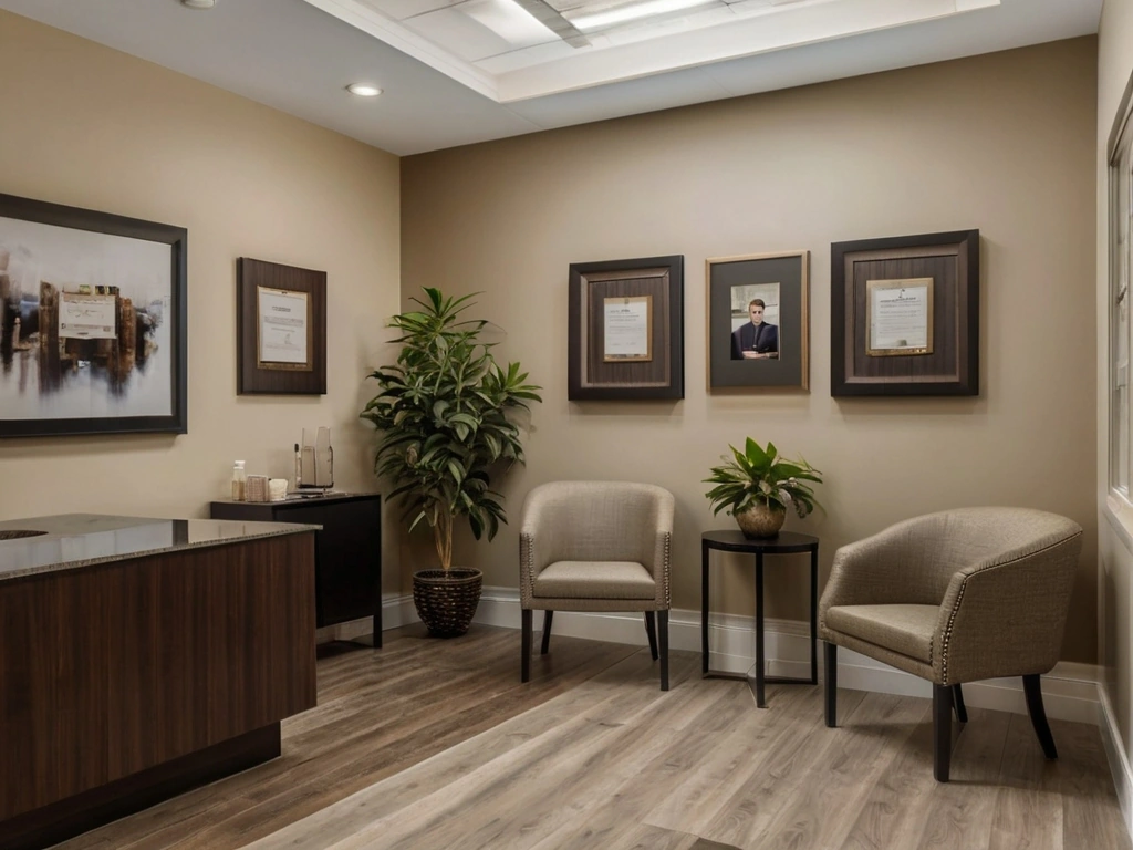 Patient-Testimonials Artfully composed photo of framed testimonials from satisfied patients in a dental office reception area.