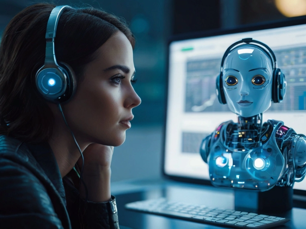 A person engaging with an AI chatbot interface in a professional office setting