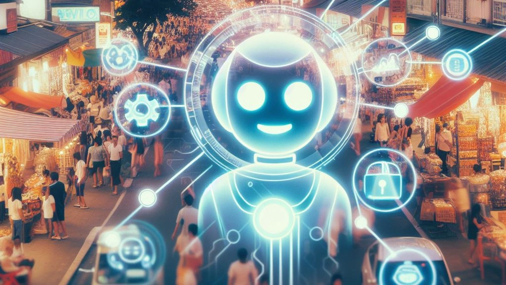 Vibrant image of a bustling local marketplace with overlaid icons representing AI chatbots interacting with customers.