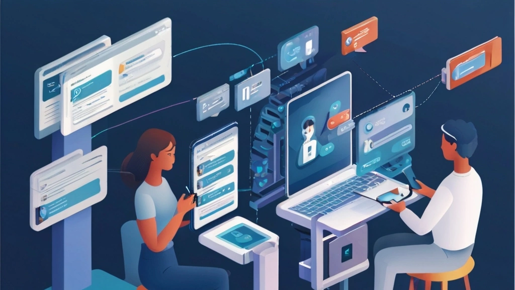 Illustration of customers engaging with AI chatbots on different devices.