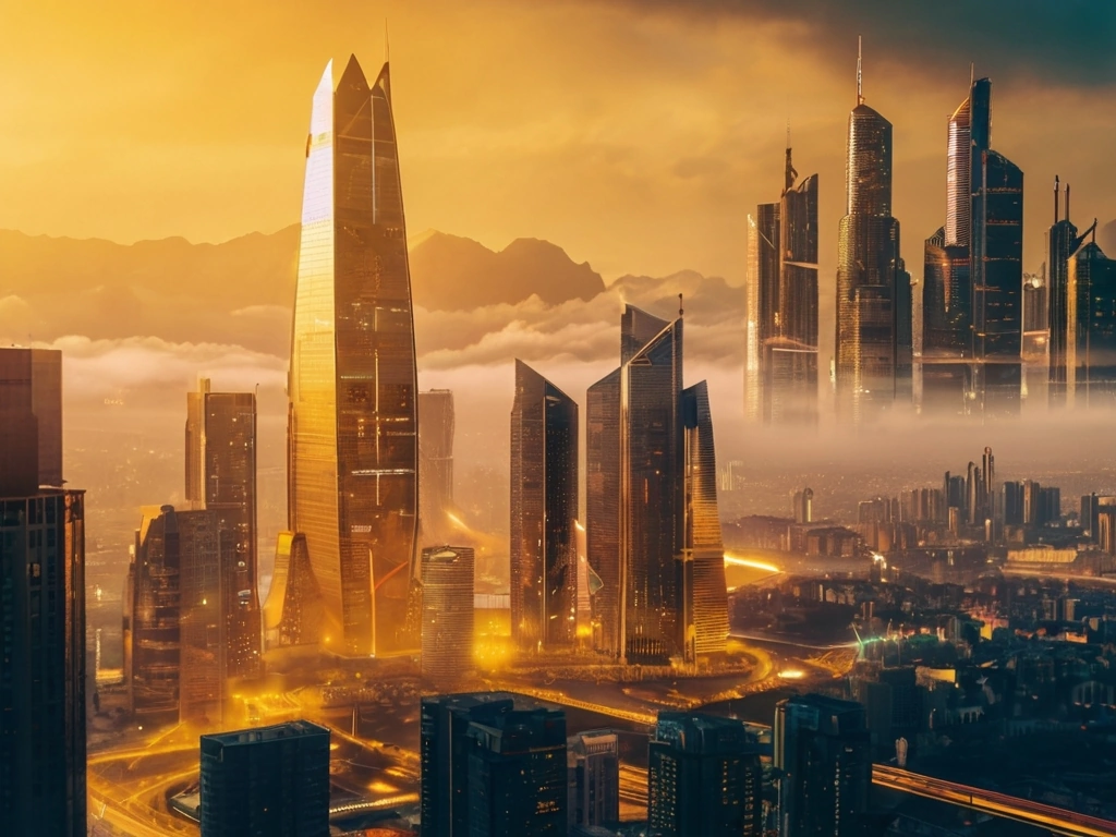Futuristic city skyline with digital overlays representing AI chatbot technology.
